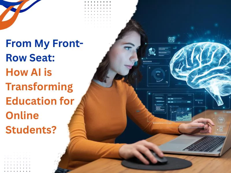 How AI is Reshaping the Future of Online Classes? Image of a woman interacting with a futuristic display representing AI-driven educational tools for online students
