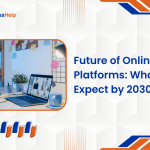 Woman attending virtual meeting on laptop representing the future of online class platforms by 2030.