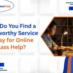 Student studying online with a tutor on a laptop, banner asking how to find trustworthy online class help.