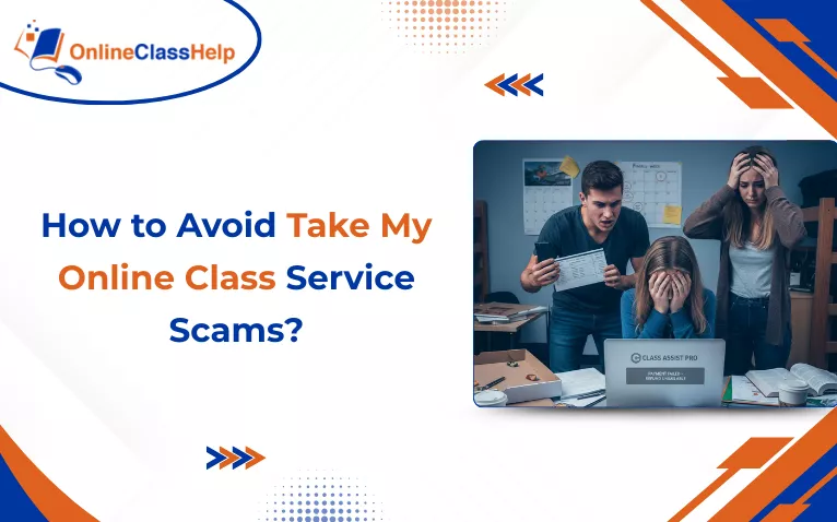 Banner showing students getting scammed due to fake take my online class scammers.