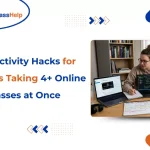 Banner showing a student with multiple laptops looking for productivity hacks for students taking 4+ online classes at once.