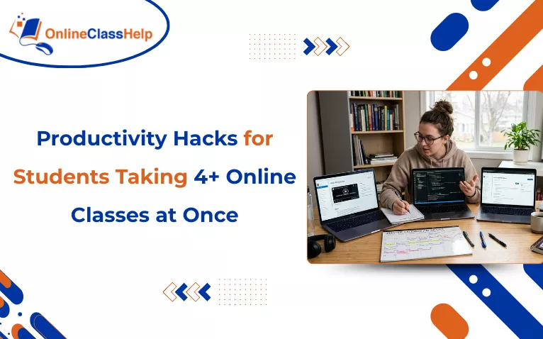 Banner showing a student with multiple laptops looking for productivity hacks for students taking 4+ online classes at once.