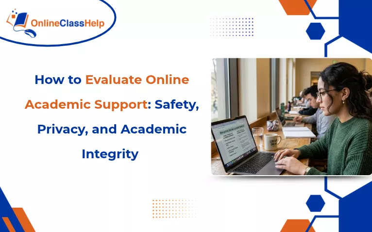 Student studying on a laptop at a library table focused on academic integrity evaluation guidelines.